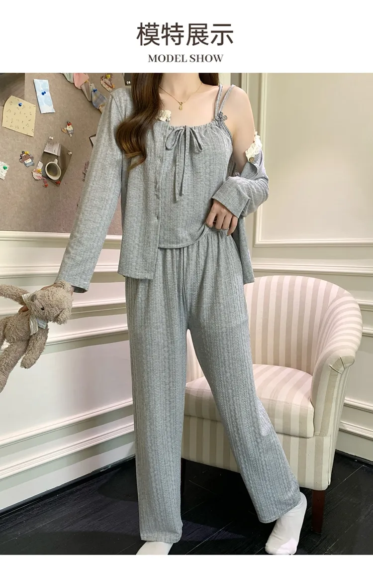 6535 Cotton Sleepwear Women's Spring/Autumn 3-Piece Set with Built-in Bra, Sweet Long Sleeve Long Pants Cardigan Loungewear · Wholesale · OEM · Worldwide Shipping - Detail 32