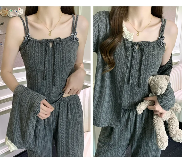 6535 Cotton Sleepwear Women's Spring/Autumn 3-Piece Set with Built-in Bra, Sweet Long Sleeve Long Pants Cardigan Loungewear · Wholesale · OEM · Worldwide Shipping - Detail 31