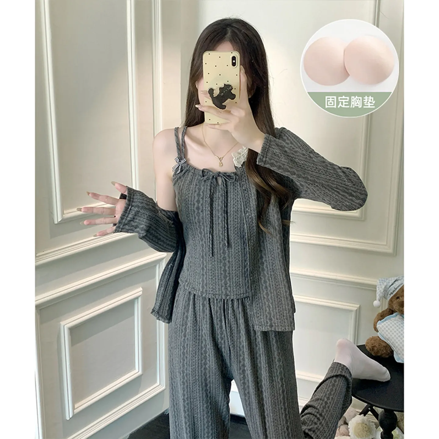 6535 Cotton Sleepwear Women's Spring/Autumn 3-Piece Set with Built-in Bra, Sweet Long Sleeve Long Pants Cardigan Loungewear · Wholesale · OEM · Worldwide Shipping - Detail 1
