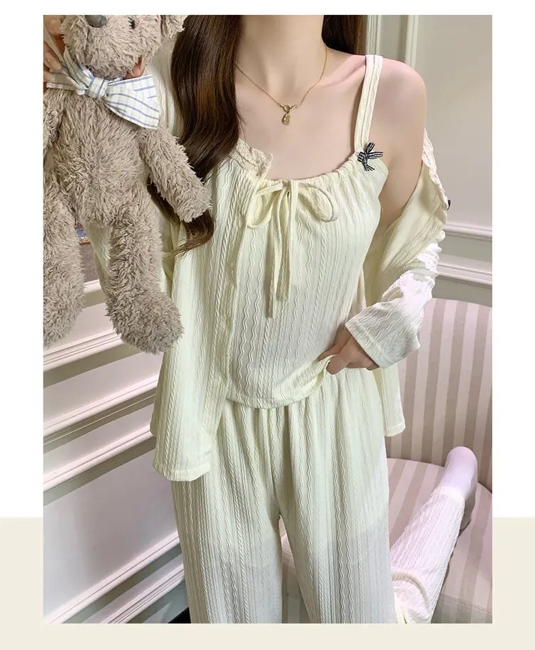 6535 Cotton Sleepwear Women's Spring/Autumn 3-Piece Set with Built-in Bra, Sweet Long Sleeve Long Pants Cardigan Loungewear · Wholesale · OEM · Worldwide Shipping - Detail 15