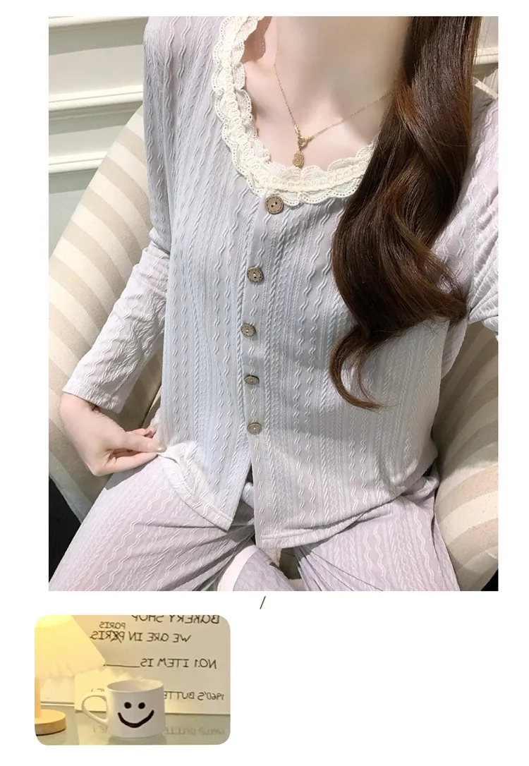 6535 Cotton Sleepwear Women's Spring/Autumn 3-Piece Set with Built-in Bra, Sweet Long Sleeve Long Pants Cardigan Loungewear · Wholesale · OEM · Worldwide Shipping - Detail 24