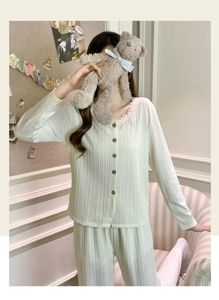 6535 Cotton Sleepwear Women's Spring/Autumn 3-Piece Set with Built-in Bra, Sweet Long Sleeve Long Pants Cardigan Loungewear · Wholesale · OEM · Worldwide Shipping - Detail 16