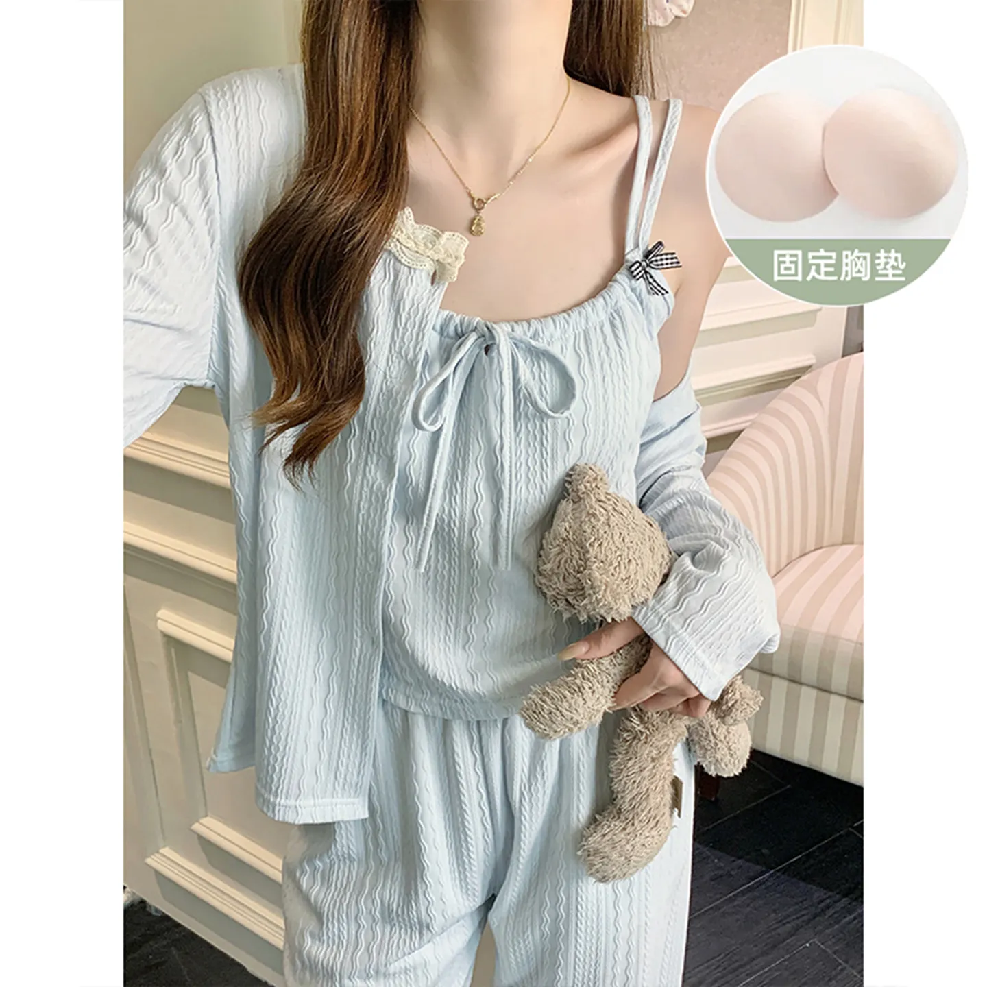 6535 Cotton Sleepwear Women's Spring/Autumn 3-Piece Set with Built-in Bra, Sweet Long Sleeve Long Pants Cardigan Loungewear · Wholesale · OEM · Worldwide Shipping - Detail 7