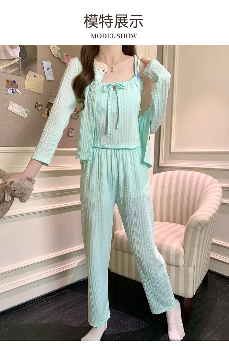 6535 Cotton Sleepwear Women's Spring/Autumn 3-Piece Set with Built-in Bra, Sweet Long Sleeve Long Pants Cardigan Loungewear · Wholesale · OEM · Worldwide Shipping - Detail 38