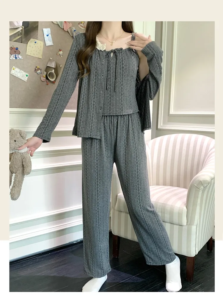 6535 Cotton Sleepwear Women's Spring/Autumn 3-Piece Set with Built-in Bra, Sweet Long Sleeve Long Pants Cardigan Loungewear · Wholesale · OEM · Worldwide Shipping - Detail 28