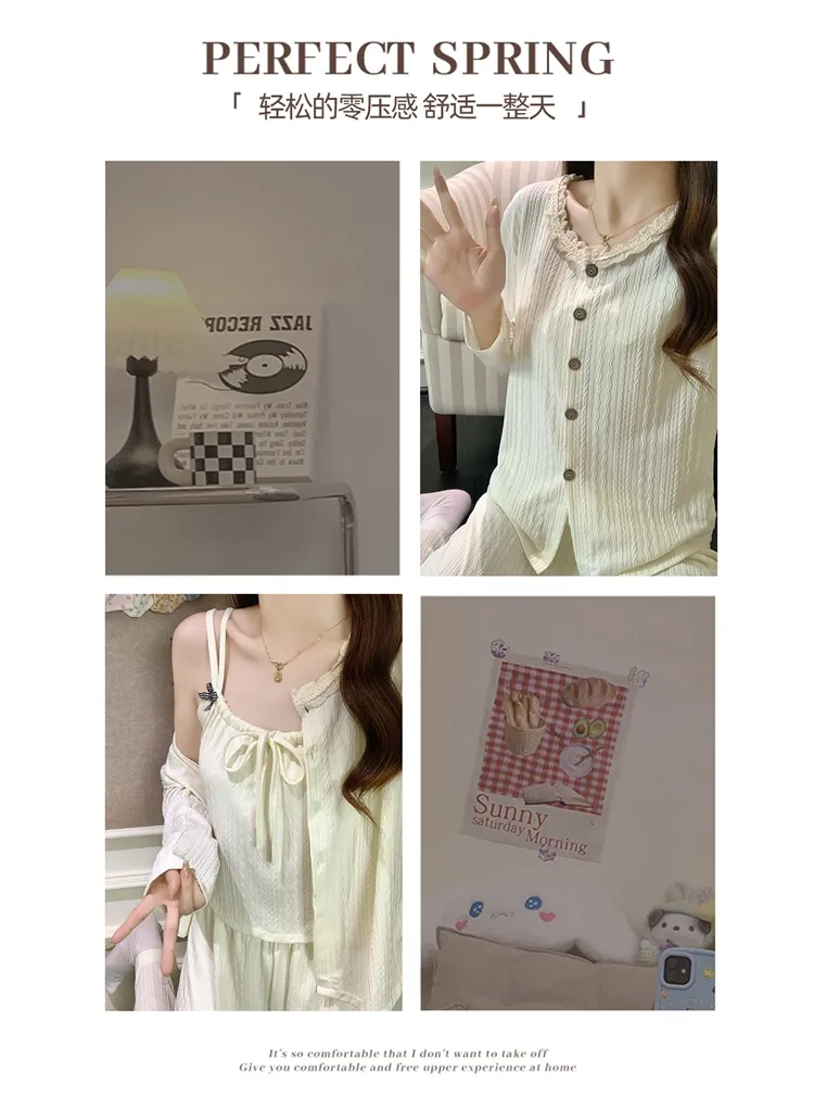 6535 Cotton Sleepwear Women's Spring/Autumn 3-Piece Set with Built-in Bra, Sweet Long Sleeve Long Pants Cardigan Loungewear · Wholesale · OEM · Worldwide Shipping - Detail 9