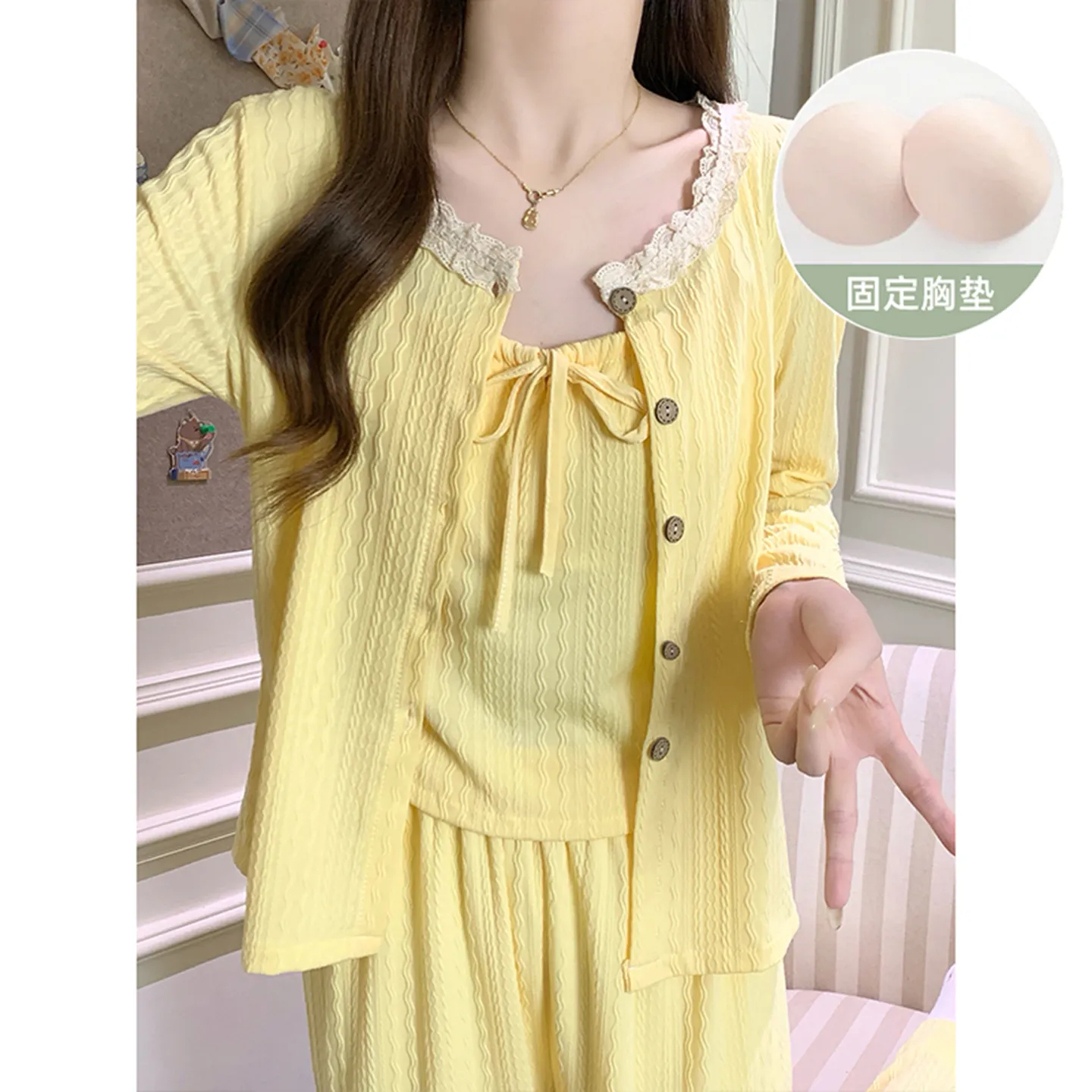 6535 Cotton Sleepwear Women's Spring/Autumn 3-Piece Set with Built-in Bra, Sweet Long Sleeve Long Pants Cardigan Loungewear · Wholesale · OEM · Worldwide Shipping