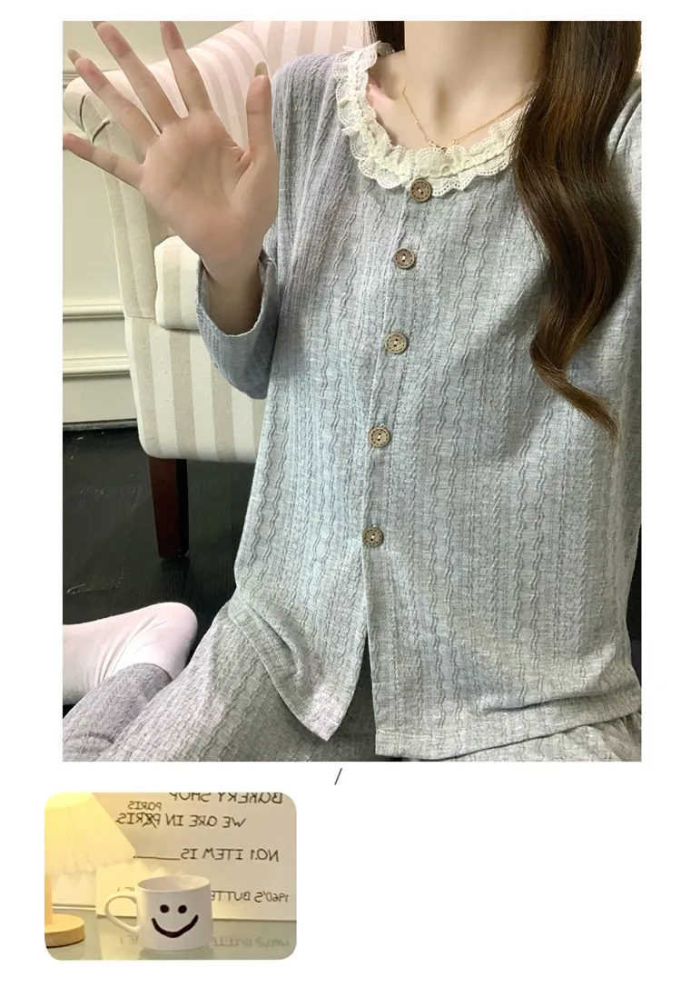 6535 Cotton Sleepwear Women's Spring/Autumn 3-Piece Set with Built-in Bra, Sweet Long Sleeve Long Pants Cardigan Loungewear · Wholesale · OEM · Worldwide Shipping - Detail 36