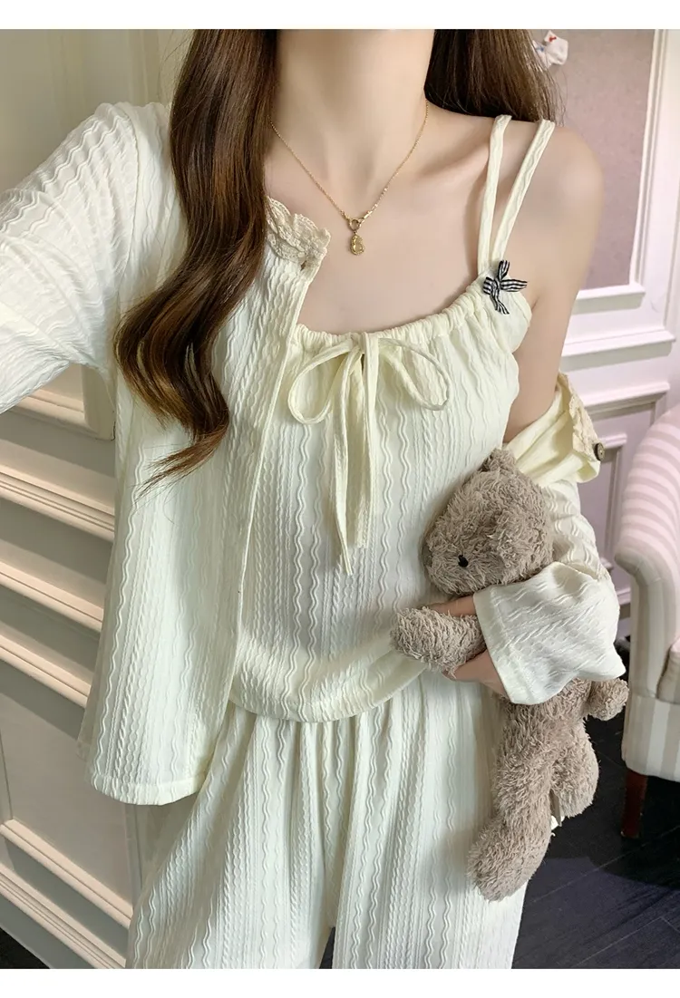 6535 Cotton Sleepwear Women's Spring/Autumn 3-Piece Set with Built-in Bra, Sweet Long Sleeve Long Pants Cardigan Loungewear · Wholesale · OEM · Worldwide Shipping - Detail 17