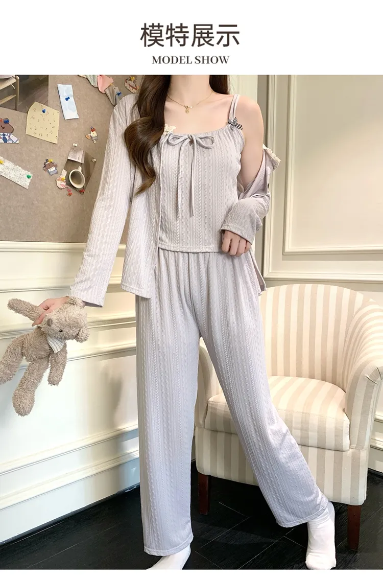 6535 Cotton Sleepwear Women's Spring/Autumn 3-Piece Set with Built-in Bra, Sweet Long Sleeve Long Pants Cardigan Loungewear · Wholesale · OEM · Worldwide Shipping - Detail 20