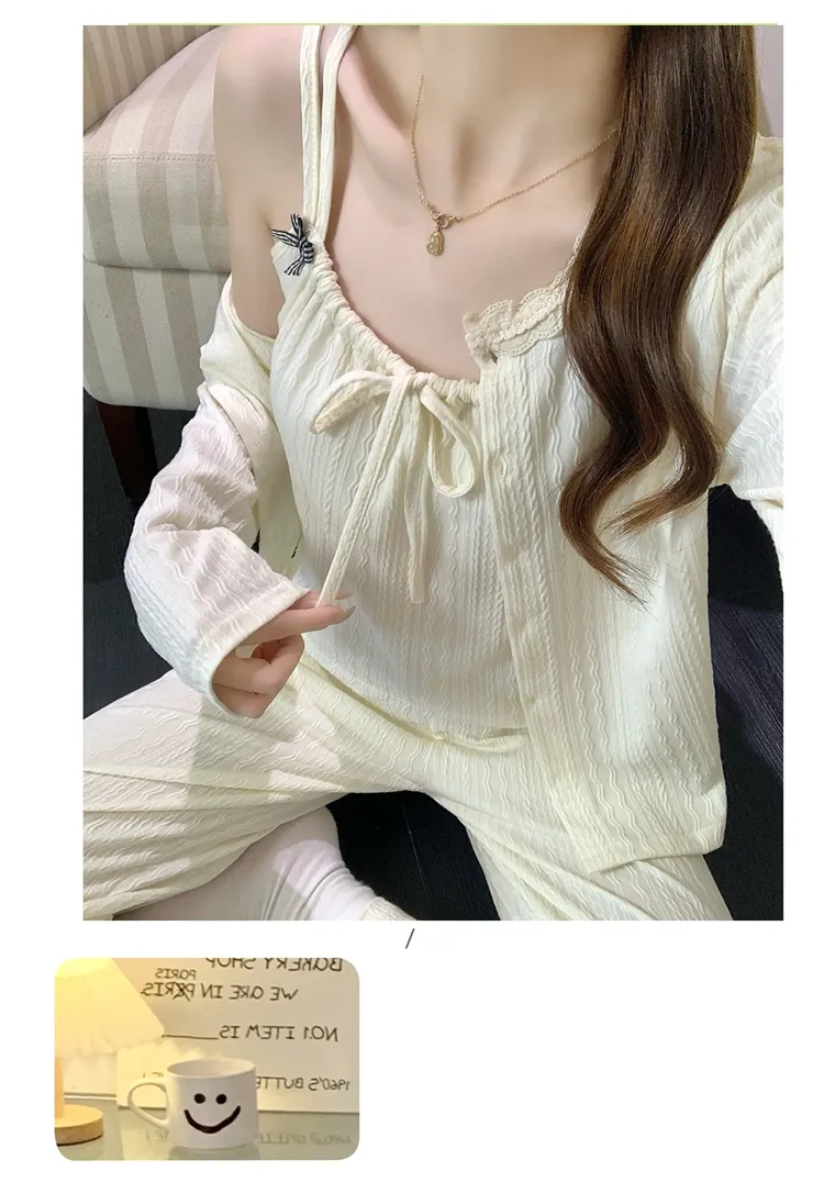 6535 Cotton Sleepwear Women's Spring/Autumn 3-Piece Set with Built-in Bra, Sweet Long Sleeve Long Pants Cardigan Loungewear · Wholesale · OEM · Worldwide Shipping - Detail 18