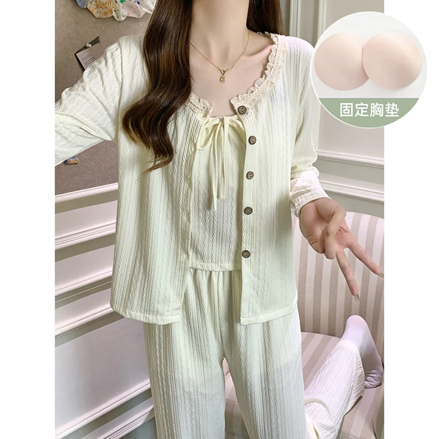 6535 Cotton Sleepwear Women's Spring/Autumn 3-Piece Set with Built-in Bra, Sweet Long Sleeve Long Pants Cardigan Loungewear · Wholesale · OEM · Worldwide Shipping - Detail 6
