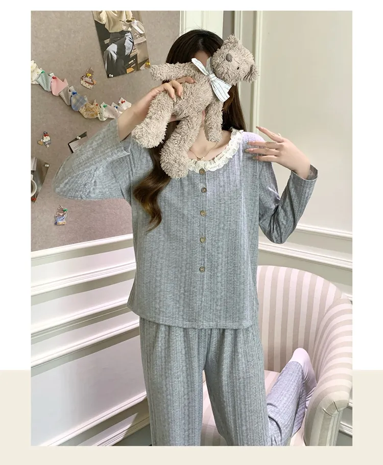 6535 Cotton Sleepwear Women's Spring/Autumn 3-Piece Set with Built-in Bra, Sweet Long Sleeve Long Pants Cardigan Loungewear · Wholesale · OEM · Worldwide Shipping - Detail 33
