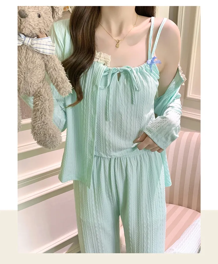 6535 Cotton Sleepwear Women's Spring/Autumn 3-Piece Set with Built-in Bra, Sweet Long Sleeve Long Pants Cardigan Loungewear · Wholesale · OEM · Worldwide Shipping - Detail 39