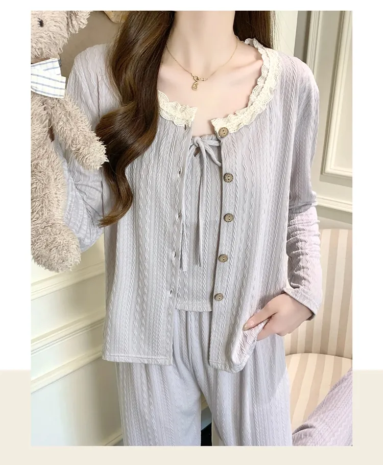 6535 Cotton Sleepwear Women's Spring/Autumn 3-Piece Set with Built-in Bra, Sweet Long Sleeve Long Pants Cardigan Loungewear · Wholesale · OEM · Worldwide Shipping - Detail 21
