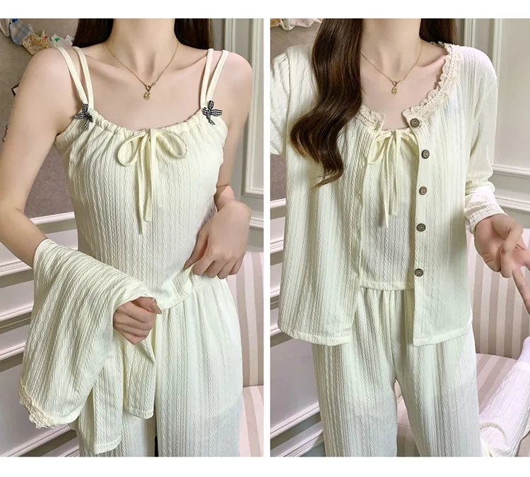 6535 Cotton Sleepwear Women's Spring/Autumn 3-Piece Set with Built-in Bra, Sweet Long Sleeve Long Pants Cardigan Loungewear · Wholesale · OEM · Worldwide Shipping - Detail 19