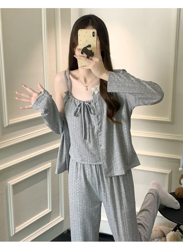6535 Cotton Sleepwear Women's Spring/Autumn 3-Piece Set with Built-in Bra, Sweet Long Sleeve Long Pants Cardigan Loungewear · Wholesale · OEM · Worldwide Shipping - Detail 35