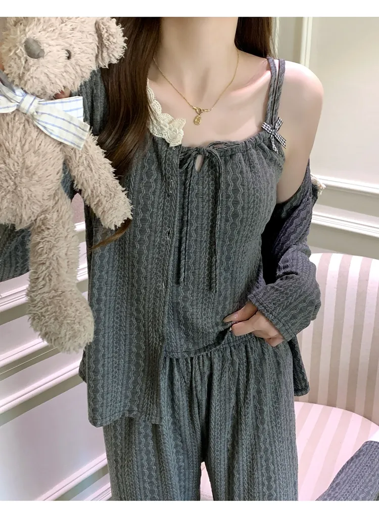 6535 Cotton Sleepwear Women's Spring/Autumn 3-Piece Set with Built-in Bra, Sweet Long Sleeve Long Pants Cardigan Loungewear · Wholesale · OEM · Worldwide Shipping - Detail 29