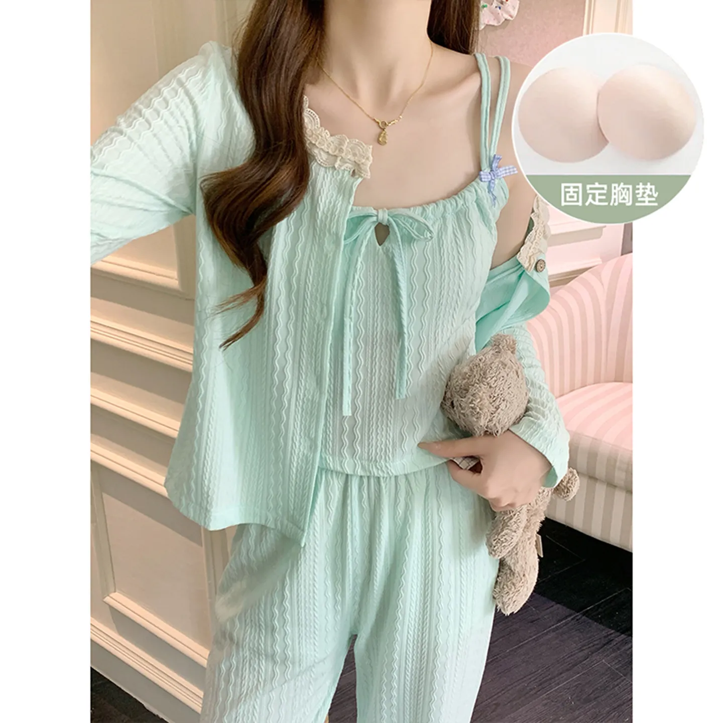 6535 Cotton Sleepwear Women's Spring/Autumn 3-Piece Set with Built-in Bra, Sweet Long Sleeve Long Pants Cardigan Loungewear · Wholesale · OEM · Worldwide Shipping - Detail 3
