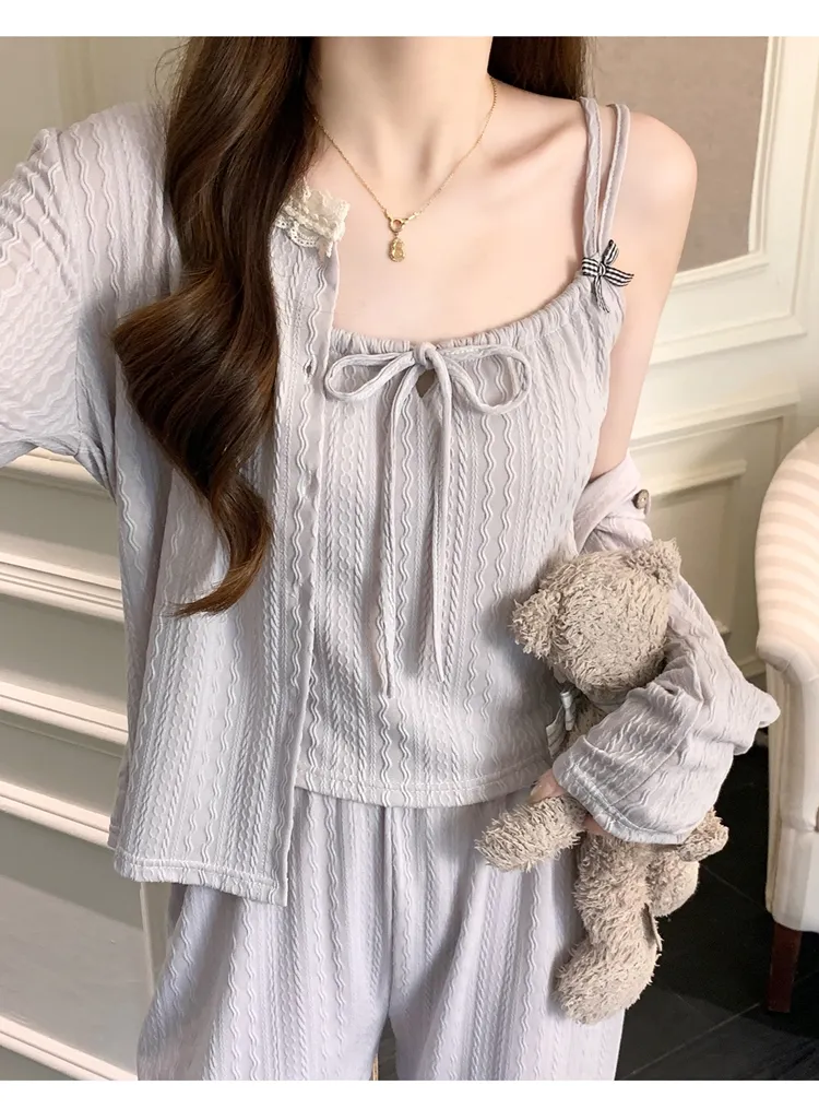 6535 Cotton Sleepwear Women's Spring/Autumn 3-Piece Set with Built-in Bra, Sweet Long Sleeve Long Pants Cardigan Loungewear · Wholesale · OEM · Worldwide Shipping - Detail 23