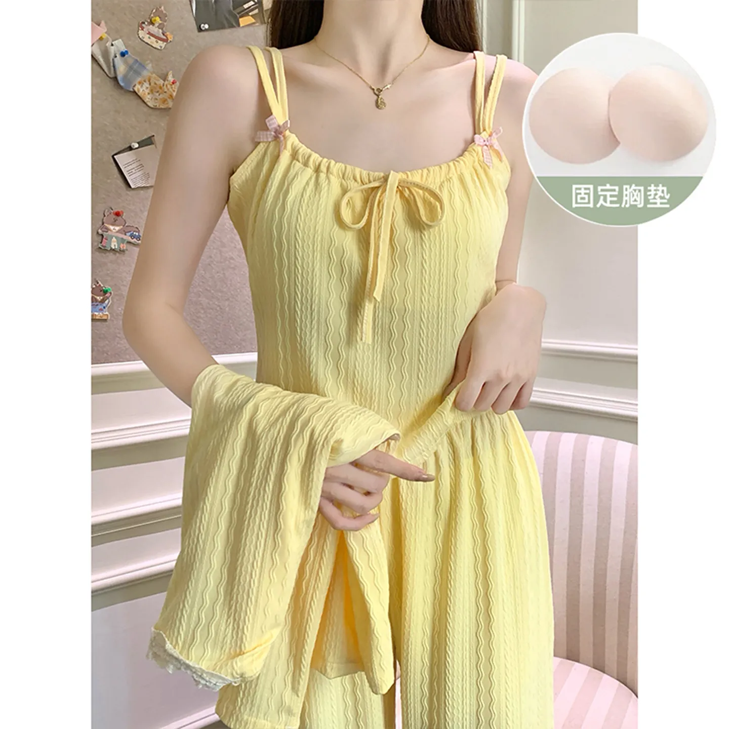 6535 Cotton Sleepwear Women's Spring/Autumn 3-Piece Set with Built-in Bra, Sweet Long Sleeve Long Pants Cardigan Loungewear · Wholesale · OEM · Worldwide Shipping - View 1