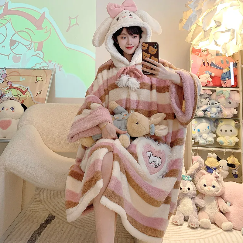 Long Plush 270g Bathrobe Autumn Winter Wearable Cloak Outer Robe Sleepwear Loose Plus Size 175kg Nightdress · Wholesale · OEM · Worldwide Shipping - View 2
