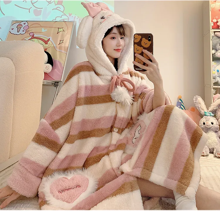 Long Plush 270g Bathrobe Autumn Winter Wearable Cloak Outer Robe Sleepwear Loose Plus Size 175kg Nightdress · Wholesale · OEM · Worldwide Shipping - Detail 18