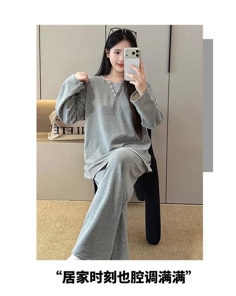 Pyjama femme en cachemire 240 g, style princesse douce et sucrée, manches longues et pantalon long, ample, grande taille 220 jin, pyjama pour femmes rondes · Grossiste · OEM · Mondial - Detail 17