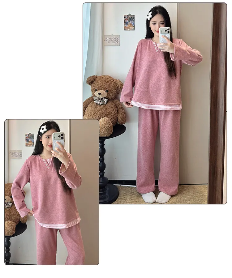 Pyjama femme en cachemire 240 g, style princesse douce et sucrée, manches longues et pantalon long, ample, grande taille 220 jin, pyjama pour femmes rondes · Grossiste · OEM · Mondial - Detail 14