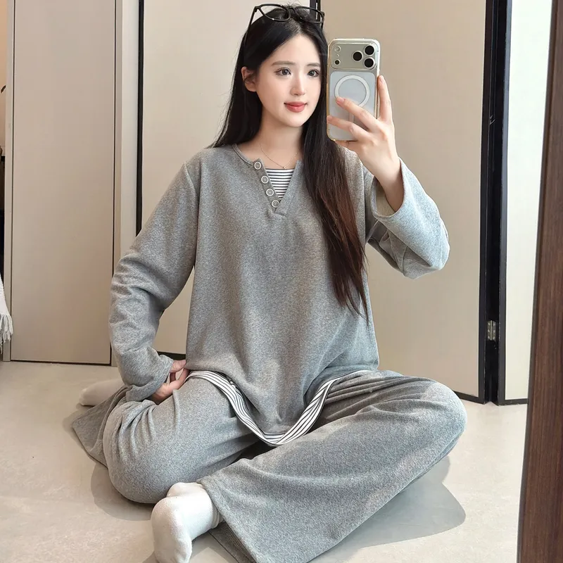 Pyjama femme en cachemire 240 g, style princesse douce et sucrée, manches longues et pantalon long, ample, grande taille 220 jin, pyjama pour femmes rondes · Grossiste · OEM · Mondial - View 2