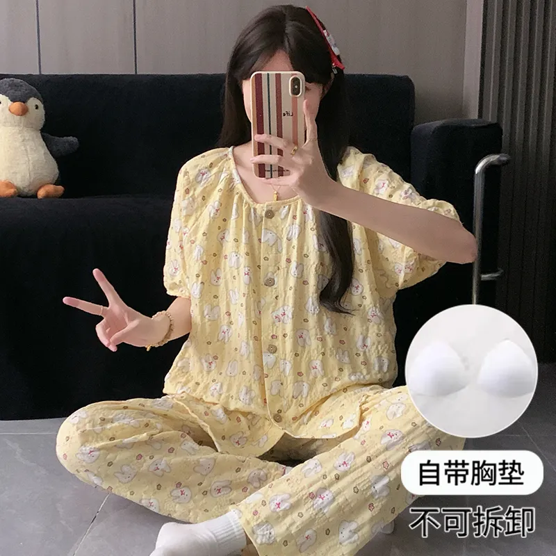 Round Neck Cream Yellow Miffy Women's Pajama Set - Short Sleeve, Shorts & Long Pants, 3-Piece, Thin, Summer Loungewear · Wholesale · OEM · Worldwide Shipping - View 1