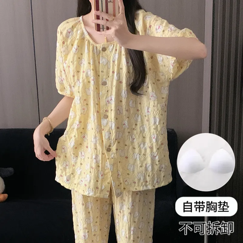 Round Neck Cream Yellow Miffy Women's Pajama Set - Short Sleeve, Shorts & Long Pants, 3-Piece, Thin, Summer Loungewear · Wholesale · OEM · Worldwide Shipping - Detail 4