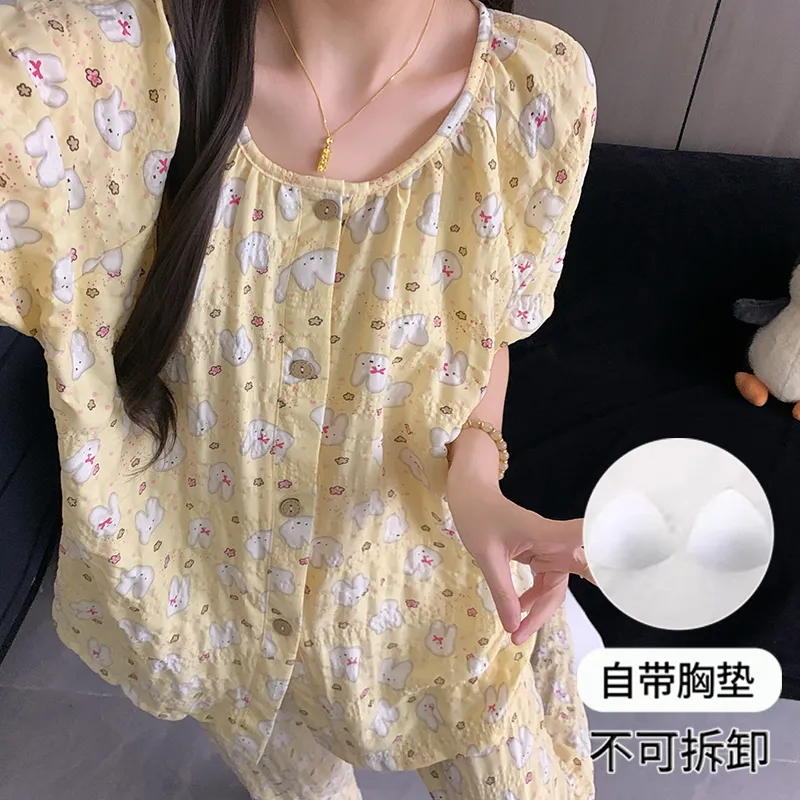 Round Neck Cream Yellow Miffy Women's Pajama Set - Short Sleeve, Shorts & Long Pants, 3-Piece, Thin, Summer Loungewear · Wholesale · OEM · Worldwide Shipping - Detail 8