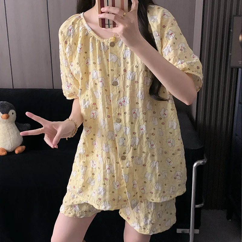 Round Neck Cream Yellow Miffy Women's Pajama Set - Short Sleeve, Shorts & Long Pants, 3-Piece, Thin, Summer Loungewear · Wholesale · OEM · Worldwide Shipping - Detail 7