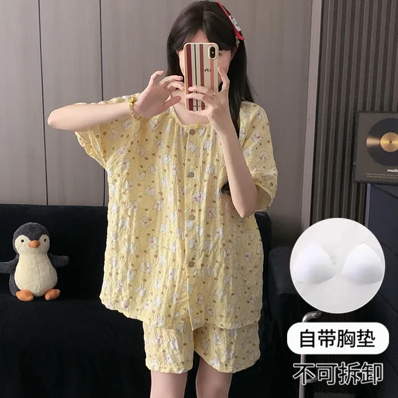 Round Neck Cream Yellow Miffy Women's Pajama Set - Short Sleeve, Shorts & Long Pants, 3-Piece, Thin, Summer Loungewear · Wholesale · OEM · Worldwide Shipping - Detail 2