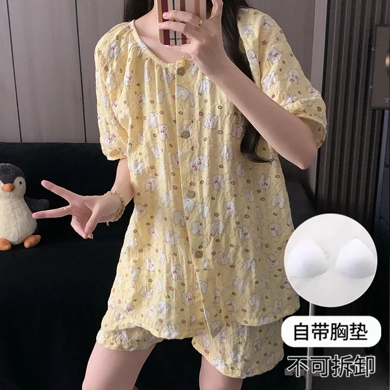 Round Neck Cream Yellow Miffy Women's Pajama Set - Short Sleeve, Shorts & Long Pants, 3-Piece, Thin, Summer Loungewear · Wholesale · OEM · Worldwide Shipping - Detail 9