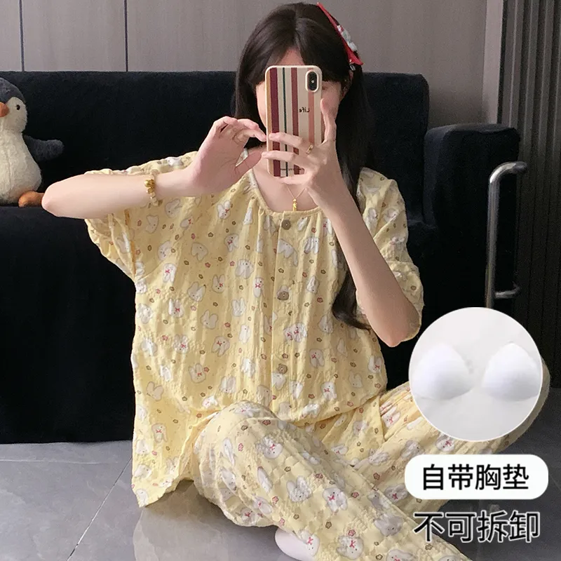 Round Neck Cream Yellow Miffy Women's Pajama Set - Short Sleeve, Shorts & Long Pants, 3-Piece, Thin, Summer Loungewear · Wholesale · OEM · Worldwide Shipping - View 3