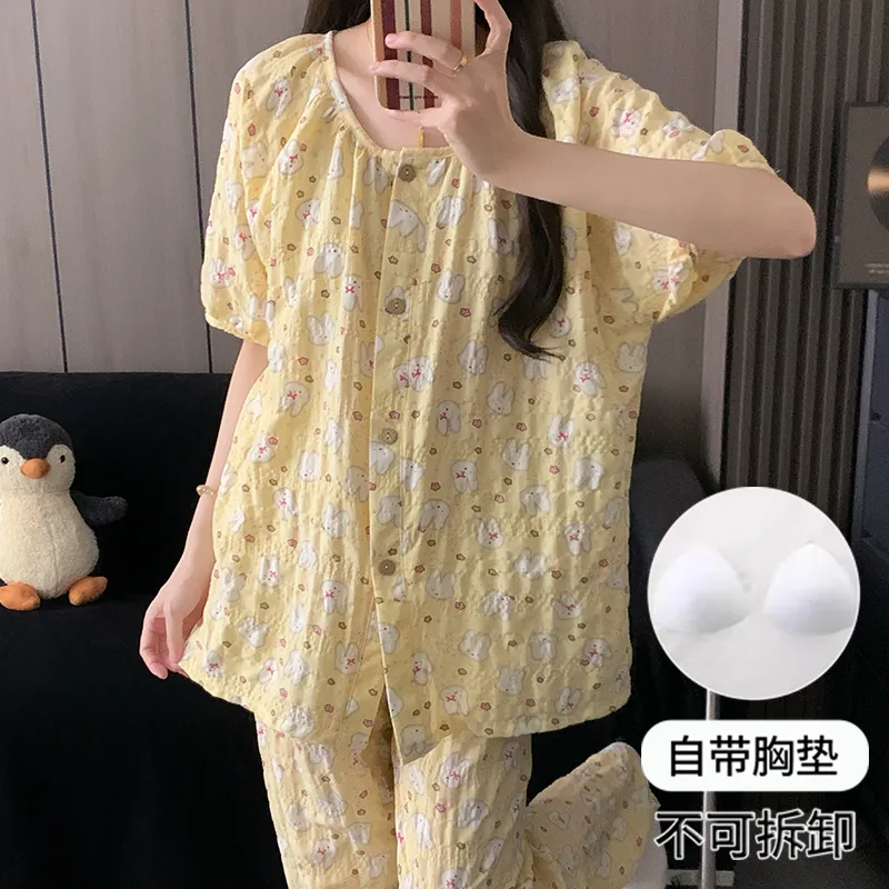 Round Neck Cream Yellow Miffy Women's Pajama Set - Short Sleeve, Shorts & Long Pants, 3-Piece, Thin, Summer Loungewear · Wholesale · OEM · Worldwide Shipping - Detail 3
