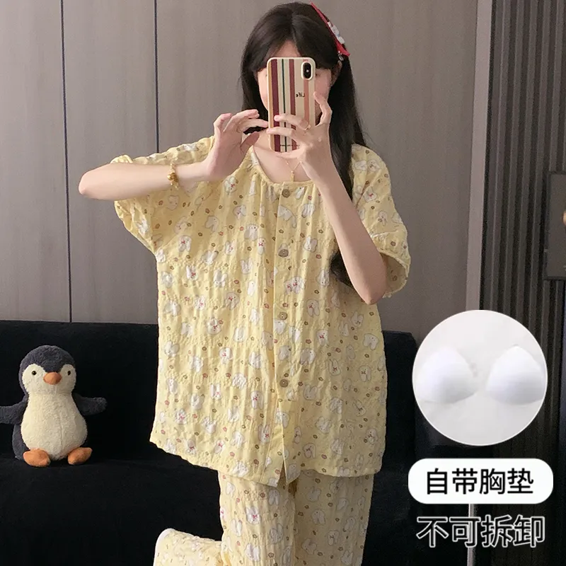 Round Neck Cream Yellow Miffy Women's Pajama Set - Short Sleeve, Shorts & Long Pants, 3-Piece, Thin, Summer Loungewear · Wholesale · OEM · Worldwide Shipping - Detail 5