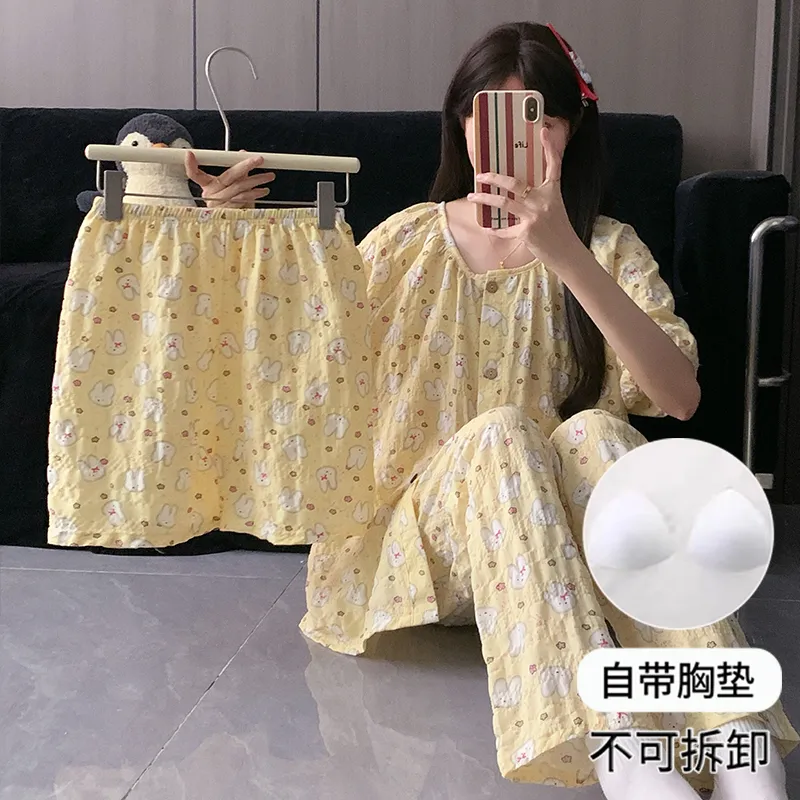 Round Neck Cream Yellow Miffy Women's Pajama Set - Short Sleeve, Shorts & Long Pants, 3-Piece, Thin, Summer Loungewear · Wholesale · OEM · Worldwide Shipping - View 4