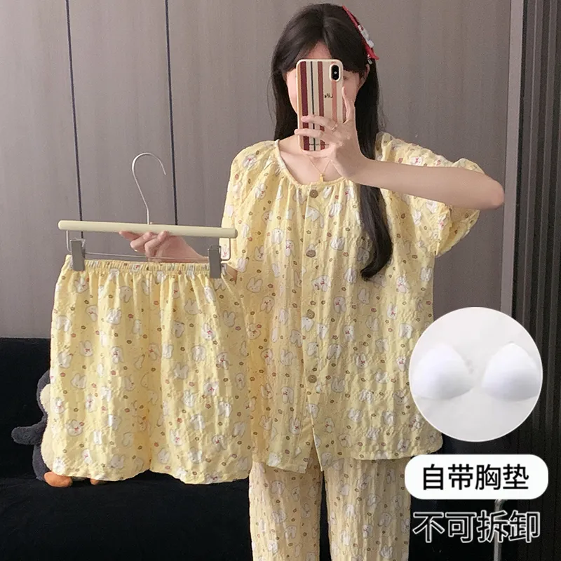 Round Neck Cream Yellow Miffy Women's Pajama Set - Short Sleeve, Shorts & Long Pants, 3-Piece, Thin, Summer Loungewear · Wholesale · OEM · Worldwide Shipping - View 2