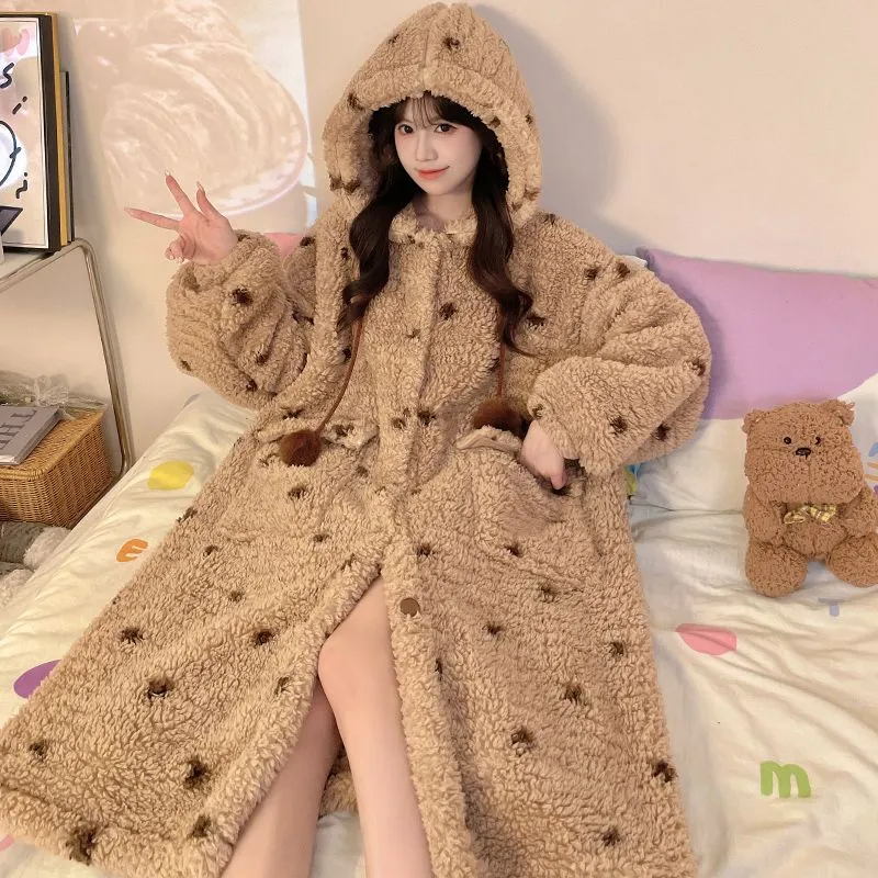 Women's Winter Thickened Open-Front Hooded Printed Loose Long Fleece Robe Pajama Homewear · Wholesale · OEM · Worldwide Shipping