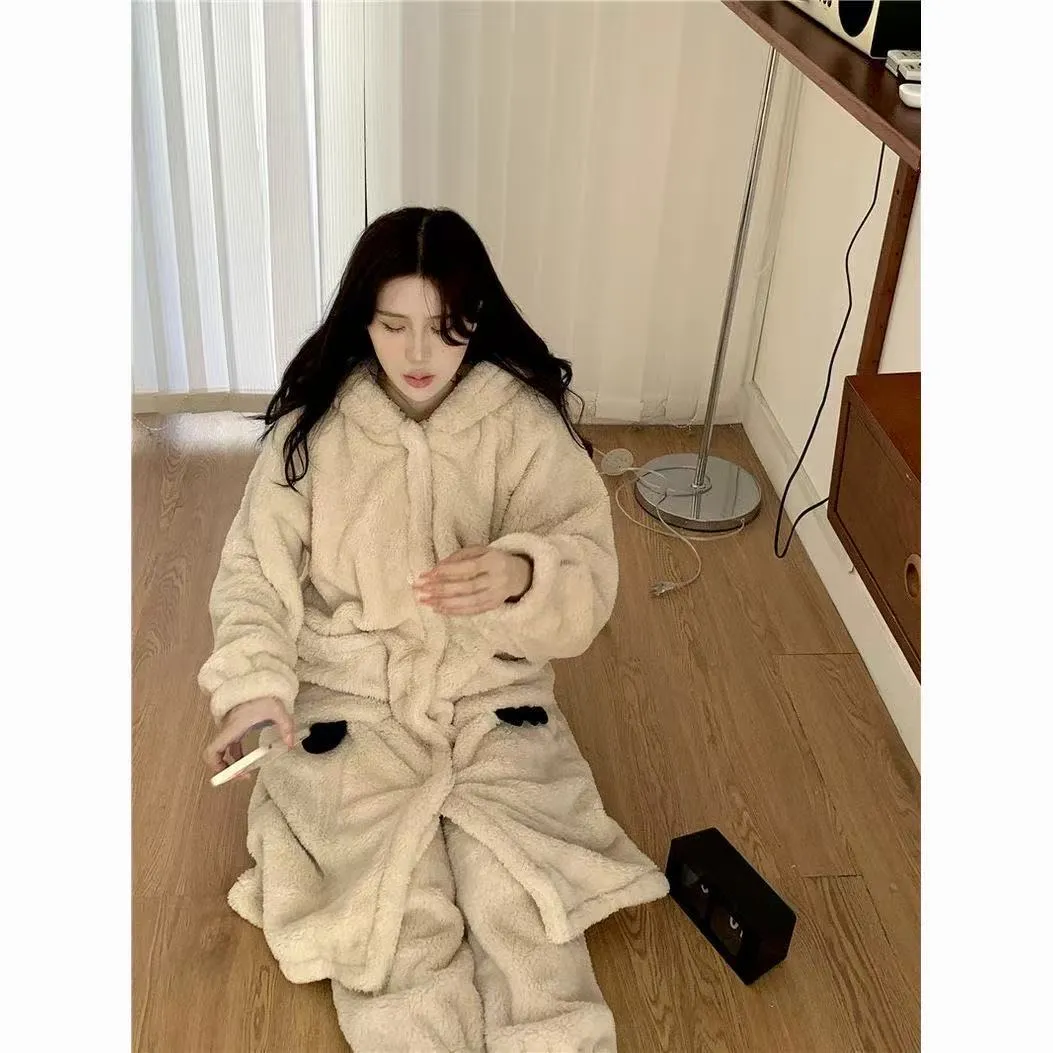 Live Hot Solid Color Winter Cartoon Robe Warm Cute Winter Coral Fleece Thickened Homewear · Wholesale · OEM · Worldwide Shipping - View 1