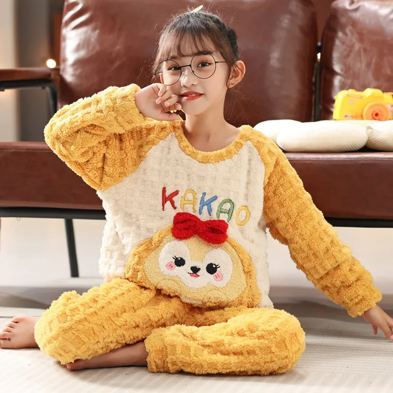 Long Plush Children's Winter Pajama Set, Girls' Cute Cartoon Long Sleeve Long Pants, Loungewear Wearable Outdoors for Big Kids · Wholesale · OEM · Worldwide Shipping - View 1