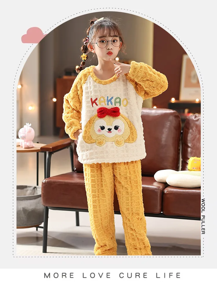 Long Plush Children's Winter Pajama Set, Girls' Cute Cartoon Long Sleeve Long Pants, Loungewear Wearable Outdoors for Big Kids · Wholesale · OEM · Worldwide Shipping - Detail 1
