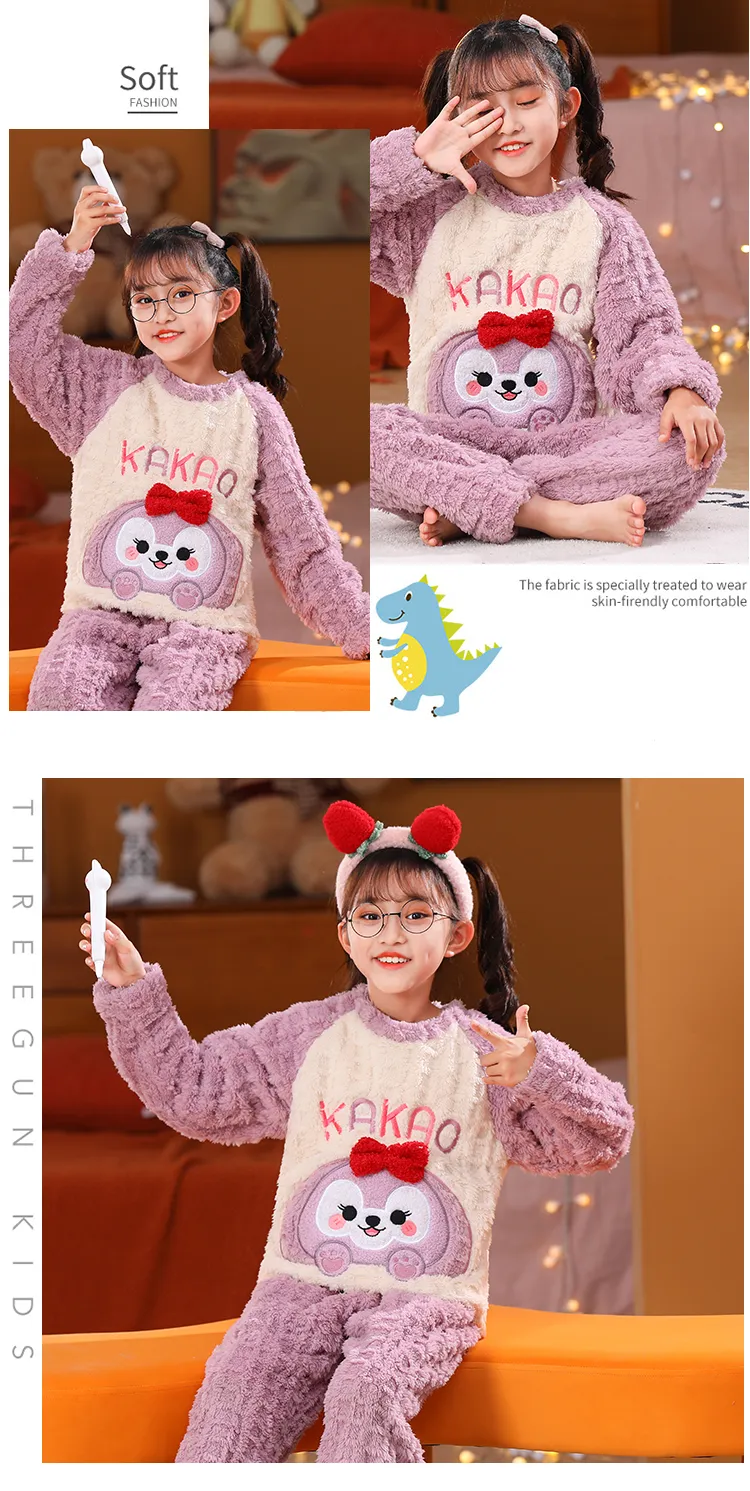 Long Plush Children's Winter Pajama Set, Girls' Cute Cartoon Long Sleeve Long Pants, Loungewear Wearable Outdoors for Big Kids · Wholesale · OEM · Worldwide Shipping - Detail 7