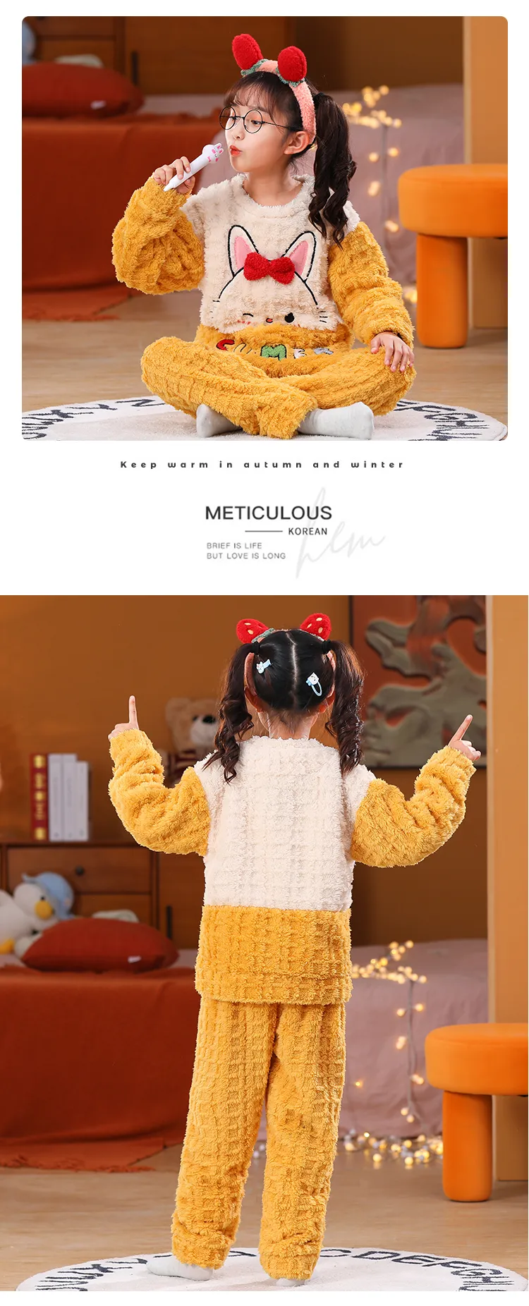 Long Plush Children's Winter Pajama Set, Girls' Cute Cartoon Long Sleeve Long Pants, Loungewear Wearable Outdoors for Big Kids · Wholesale · OEM · Worldwide Shipping - Detail 12