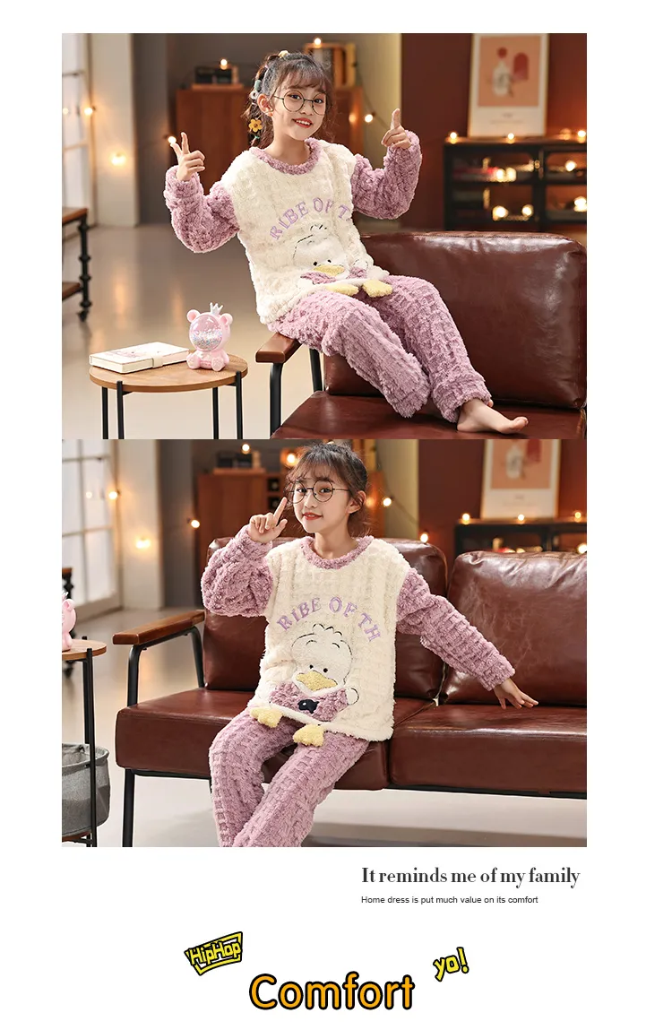 Long Plush Children's Winter Pajama Set, Girls' Cute Cartoon Long Sleeve Long Pants, Loungewear Wearable Outdoors for Big Kids · Wholesale · OEM · Worldwide Shipping - Detail 17