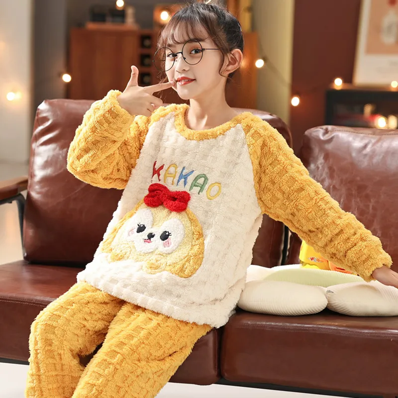 Long Plush Children's Winter Pajama Set, Girls' Cute Cartoon Long Sleeve Long Pants, Loungewear Wearable Outdoors for Big Kids · Wholesale · OEM · Worldwide Shipping - View 2