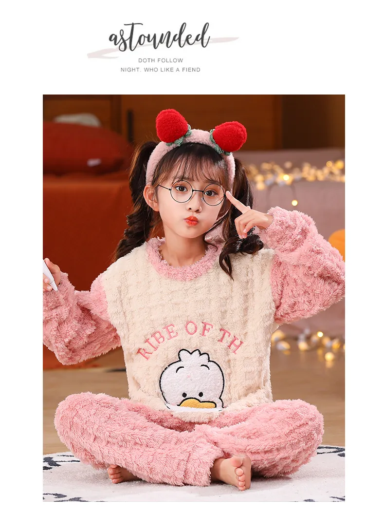 Long Plush Children's Winter Pajama Set, Girls' Cute Cartoon Long Sleeve Long Pants, Loungewear Wearable Outdoors for Big Kids · Wholesale · OEM · Worldwide Shipping - Detail 14
